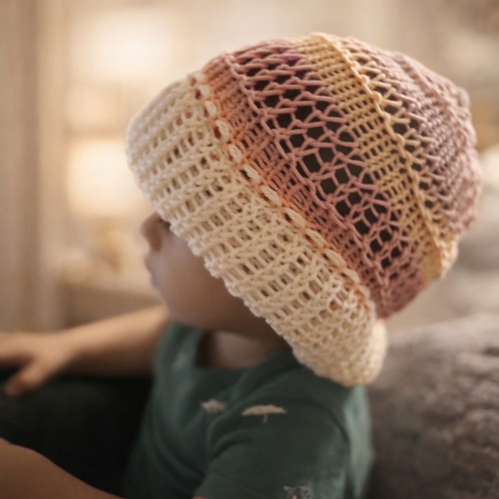 Hand Crafted Kids Crochet Beanie in Cream and Pink